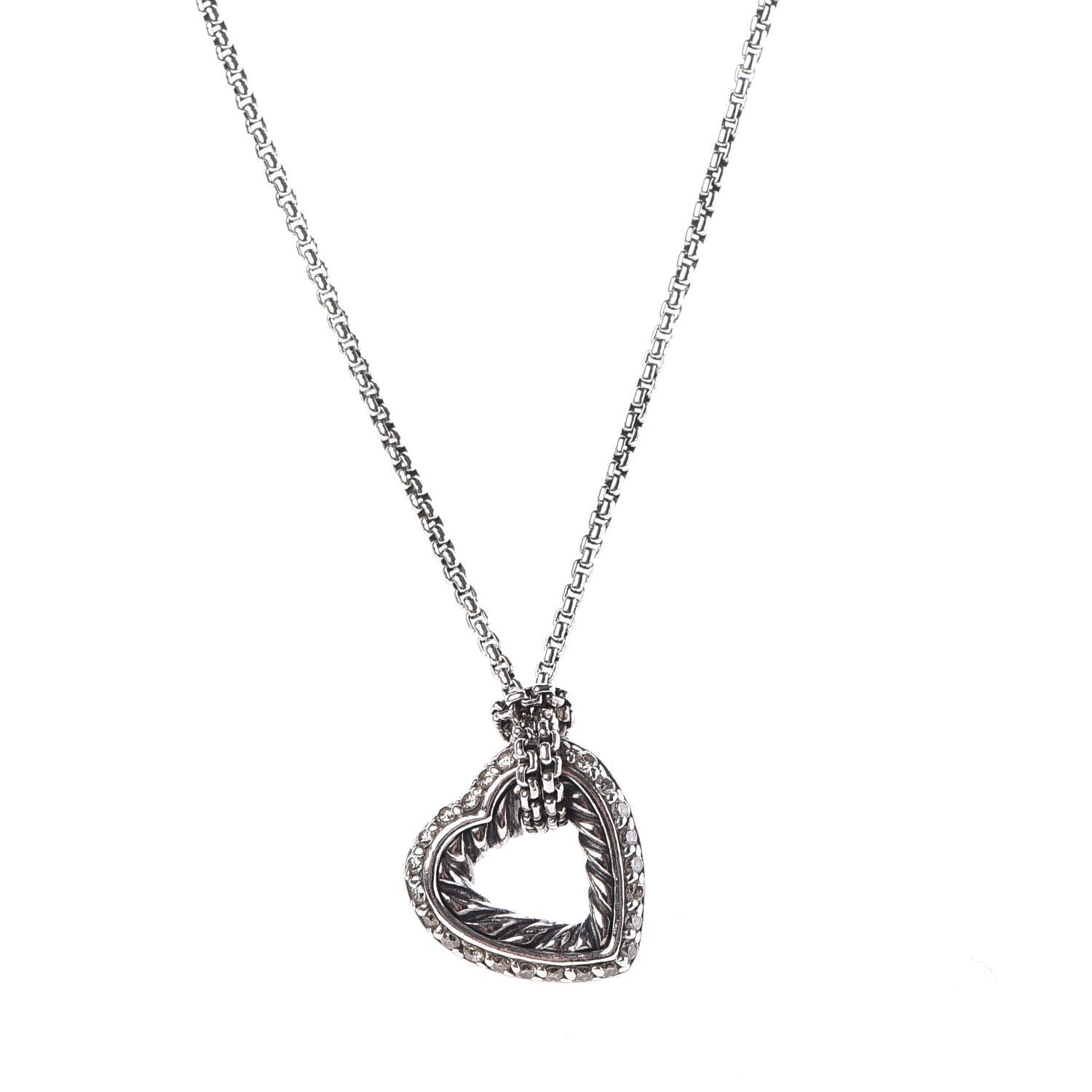 David Yurman Sterling Silver Diamond Open Heart Cable Necklace 4 of 6