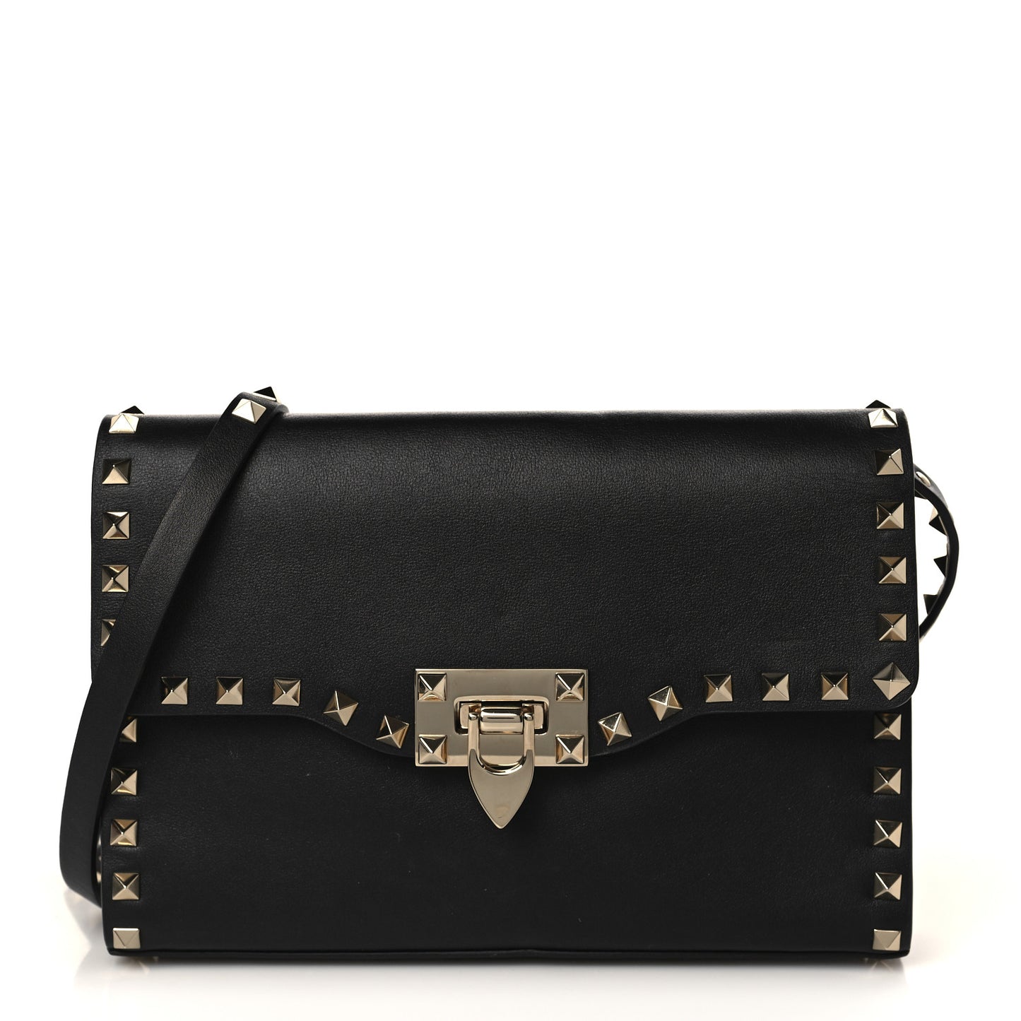 Vitello Medium Rockstud Flip Lock Crossbody Bag Black