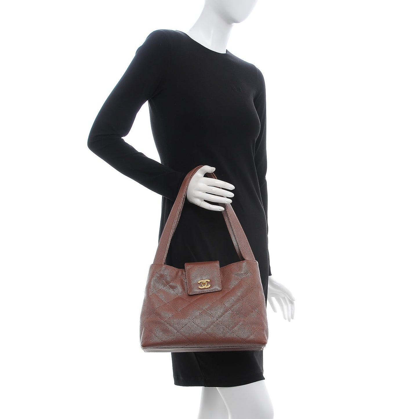 Metallic Caviar Quilted Shoulder Bag Brown