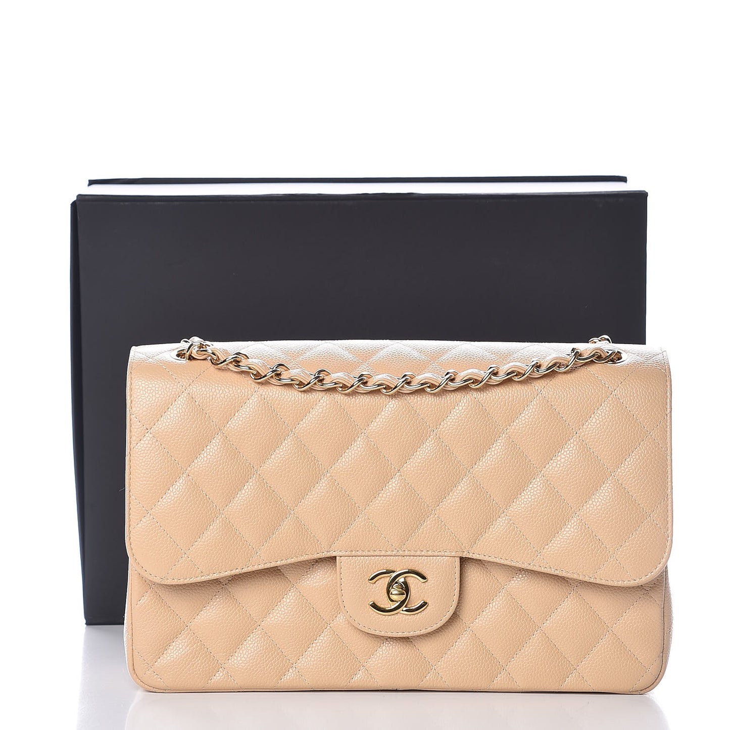 Caviar Quilted Jumbo Double Flap Beige Clair