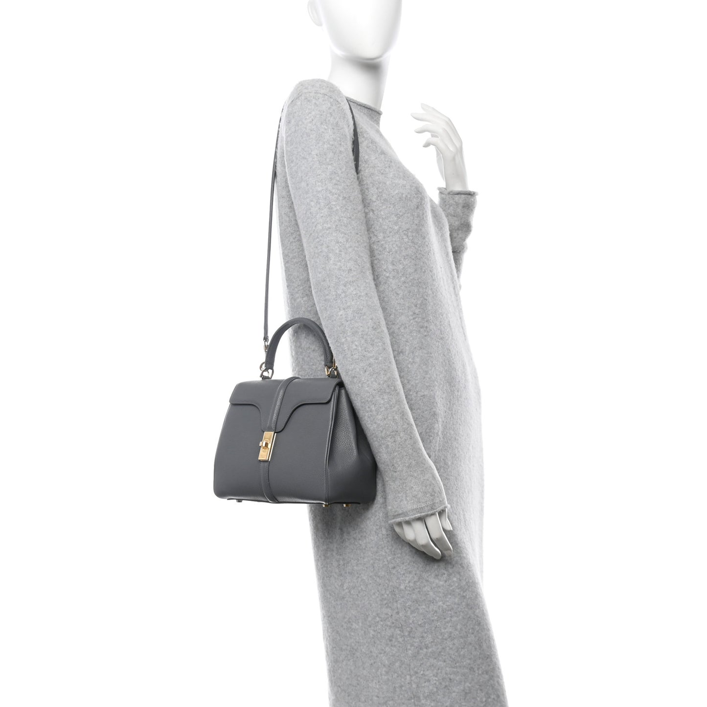 Grained Calfskin Small 16 Top Handle Bag Medium Grey