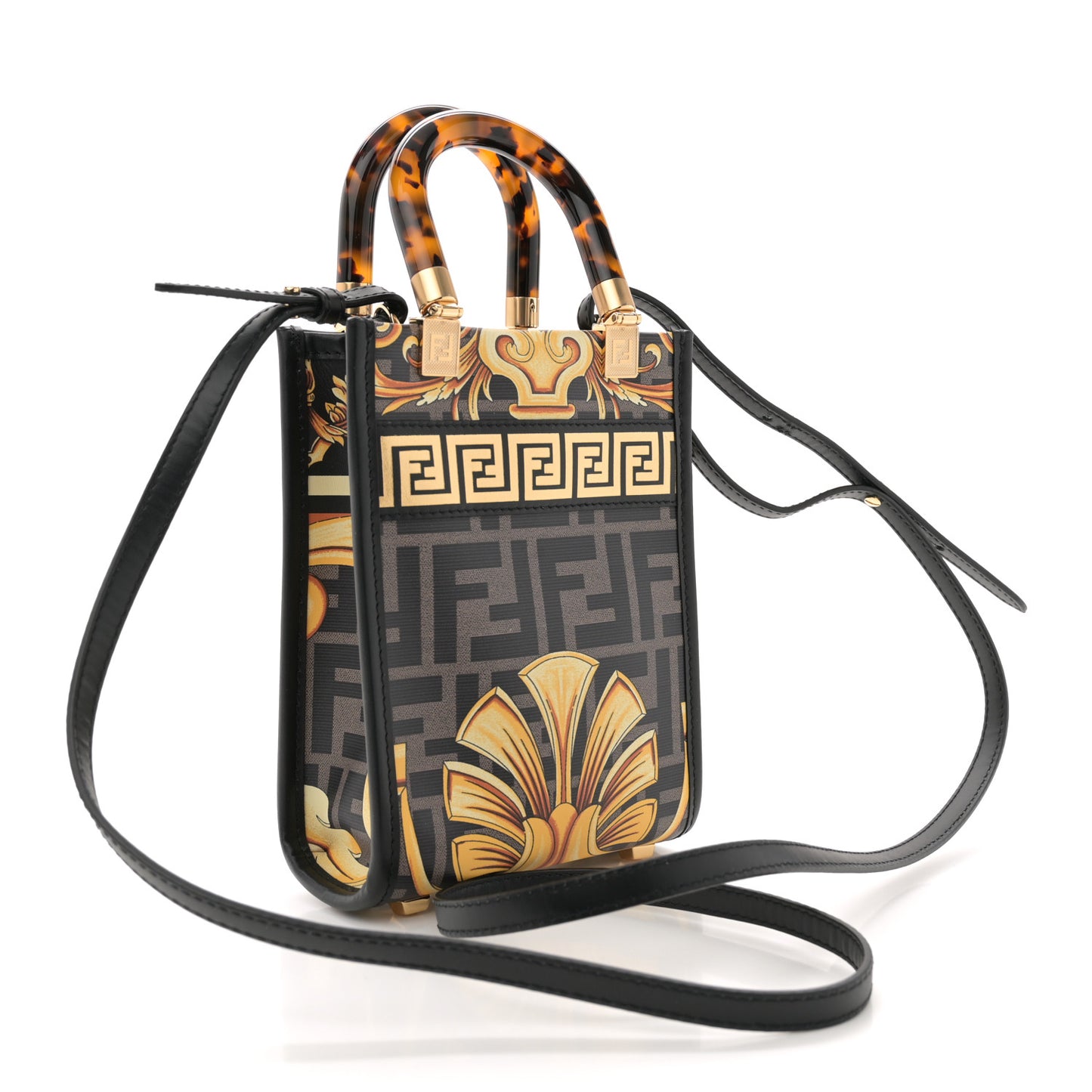 X VERSACE Vitello King Catalan Mirror Plexiglass Fendace FF Baroque Logo Mini Fendi Sunshine Shopper Tote Black Gold
