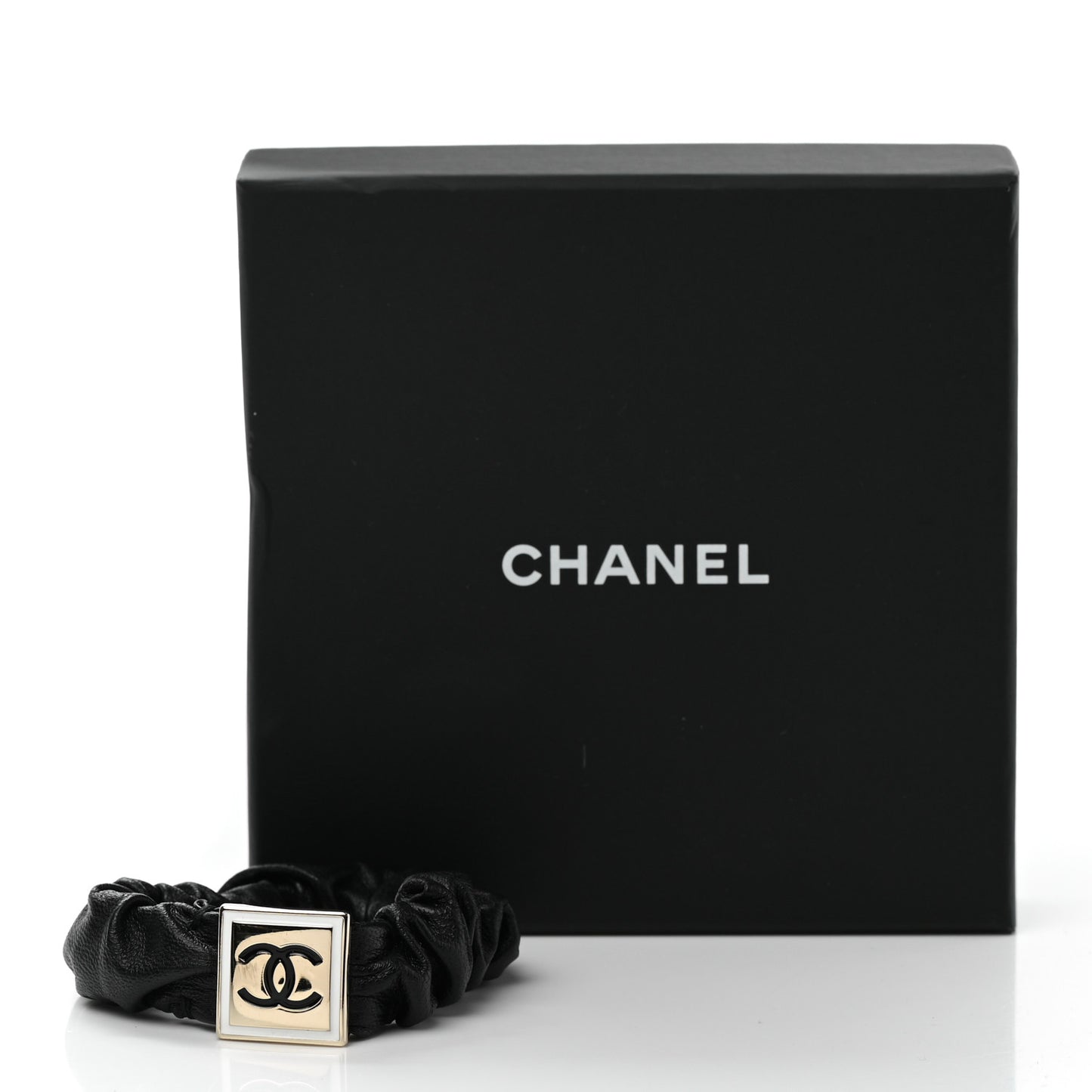 Lambskin Metal Enamel CC Hair Tie Black Gold