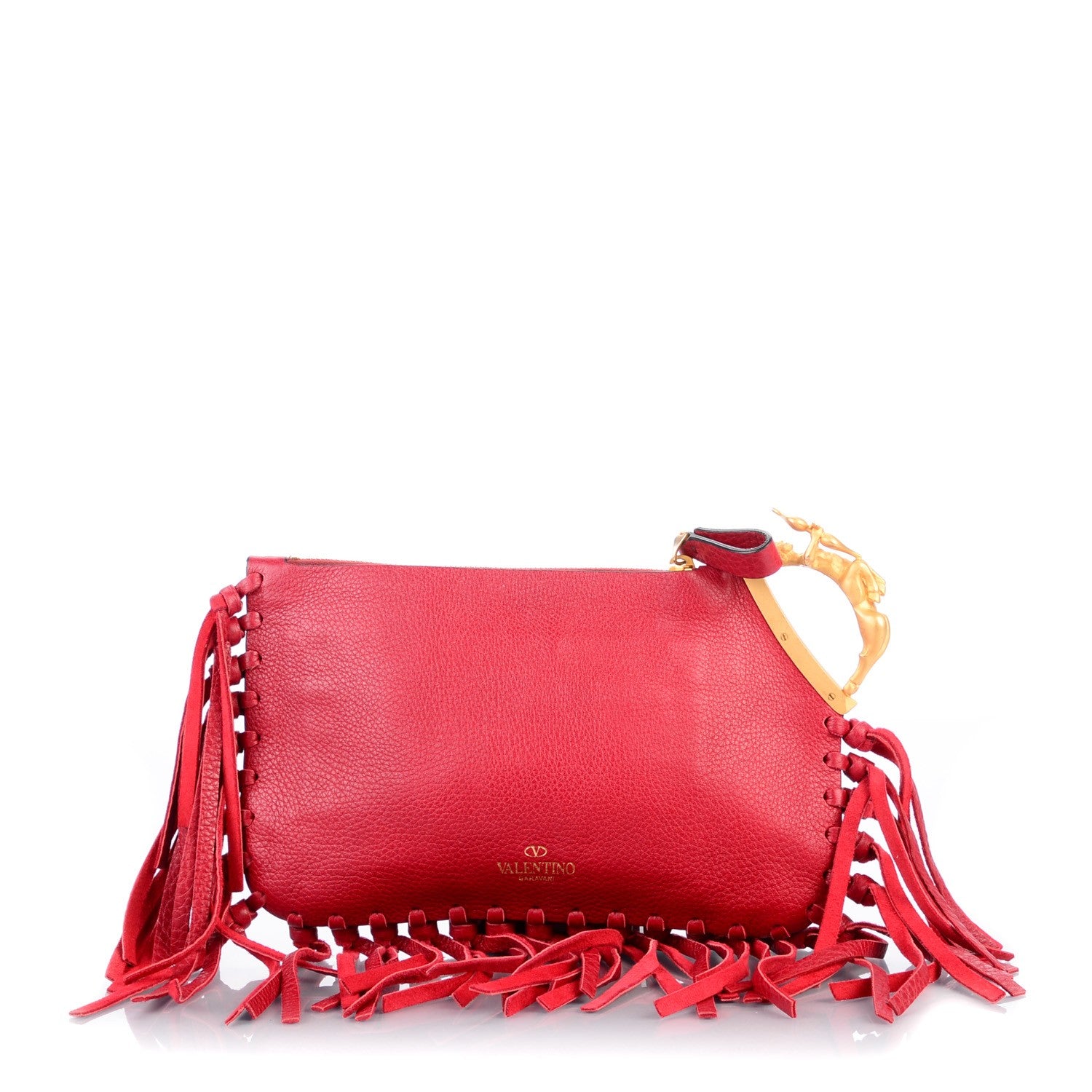 Valentino Garavani Grained Calfskin C-Rockee Sagittarius Fringe Clutch Scarlet 1 of 8