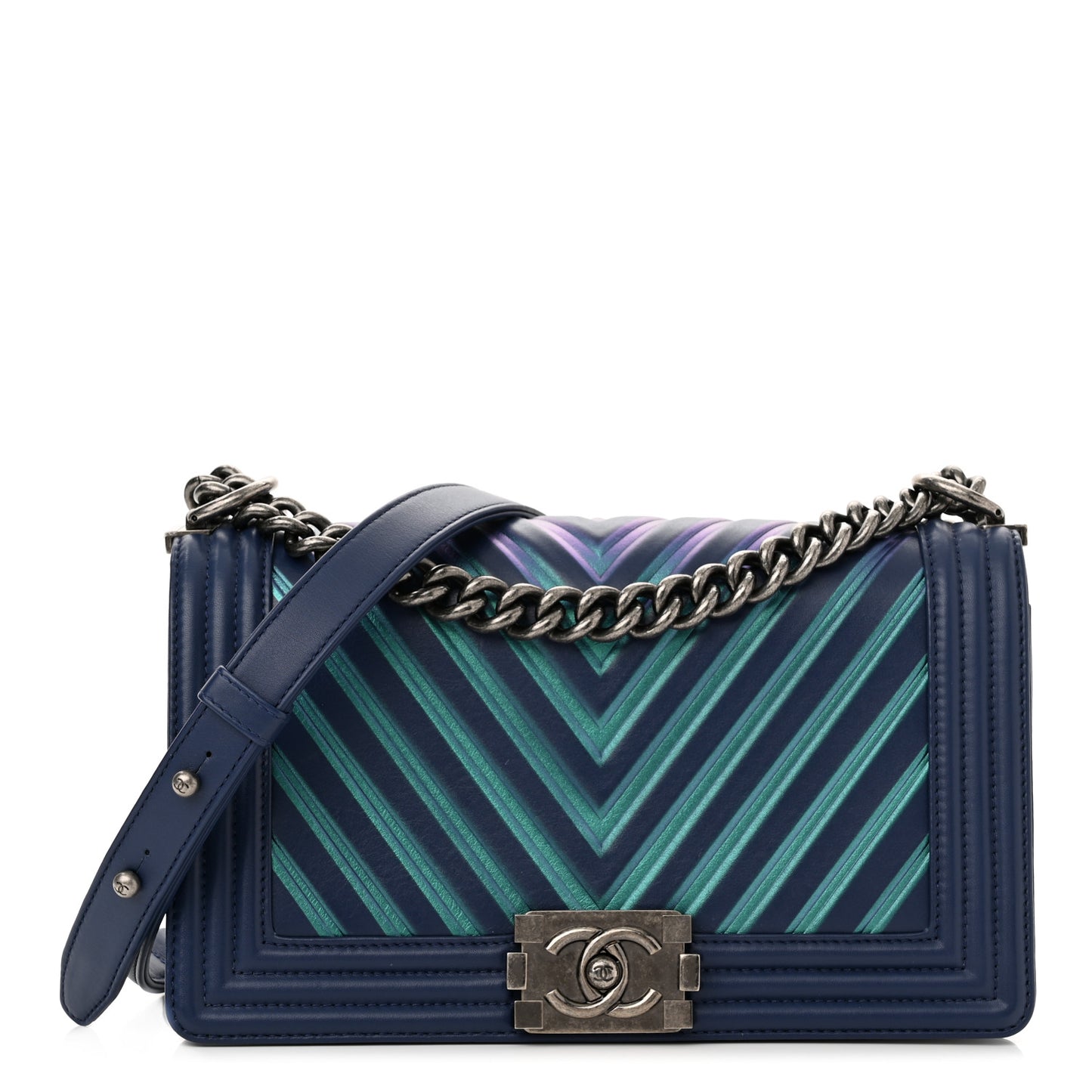 Calfskin Painted Chevron Embossed Medium Boy Flap Navy