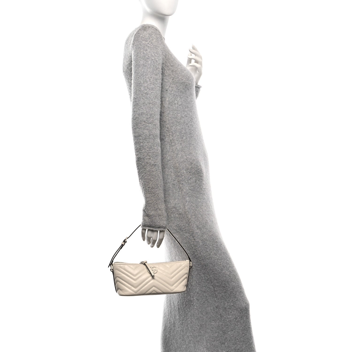 Gucci Calfskin Matelasse Chevron Monochrome GG Marmont Sling Shoulder Bag Mystic White 3 of 19