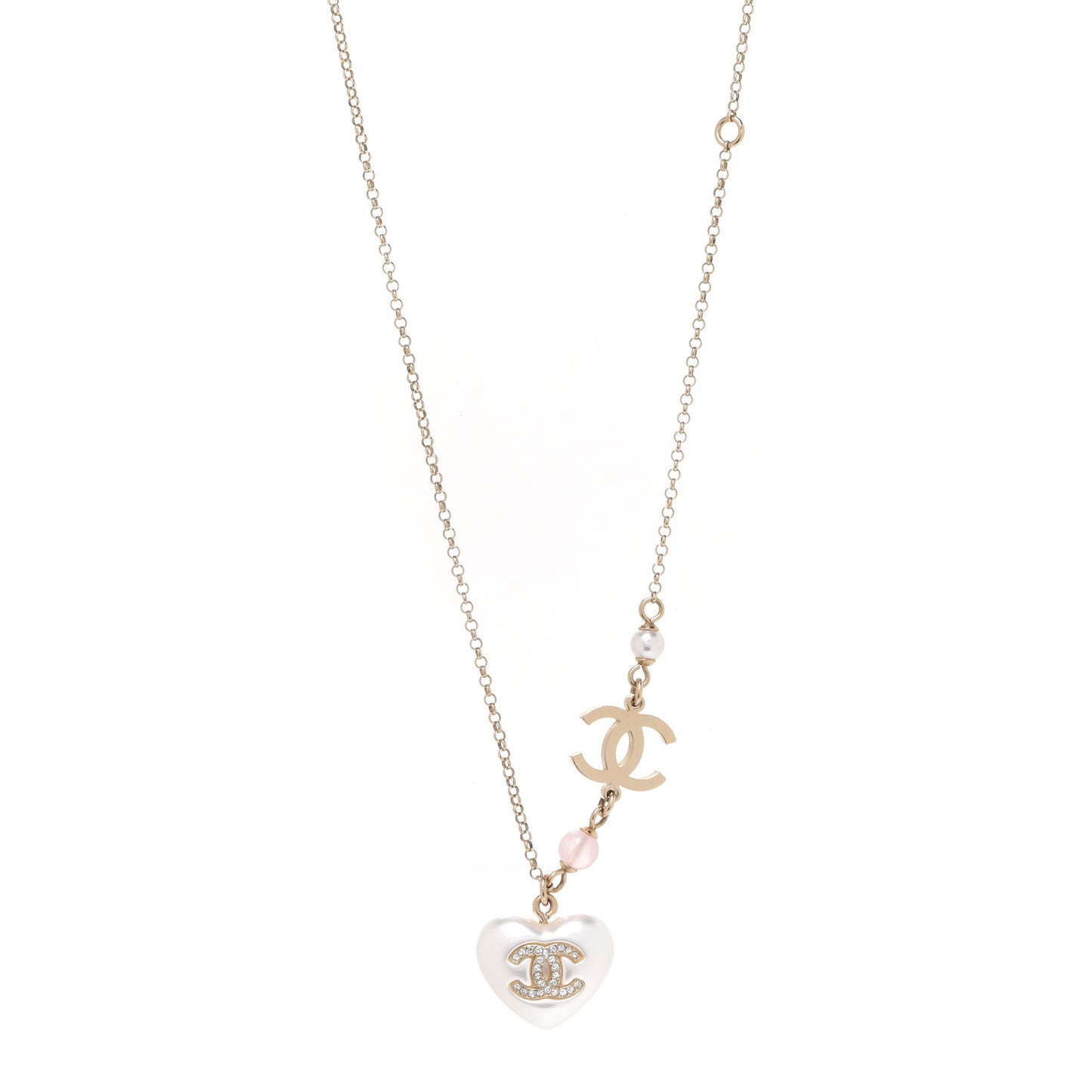 Resin Crystal CC Heart Necklace Pearly White Gold