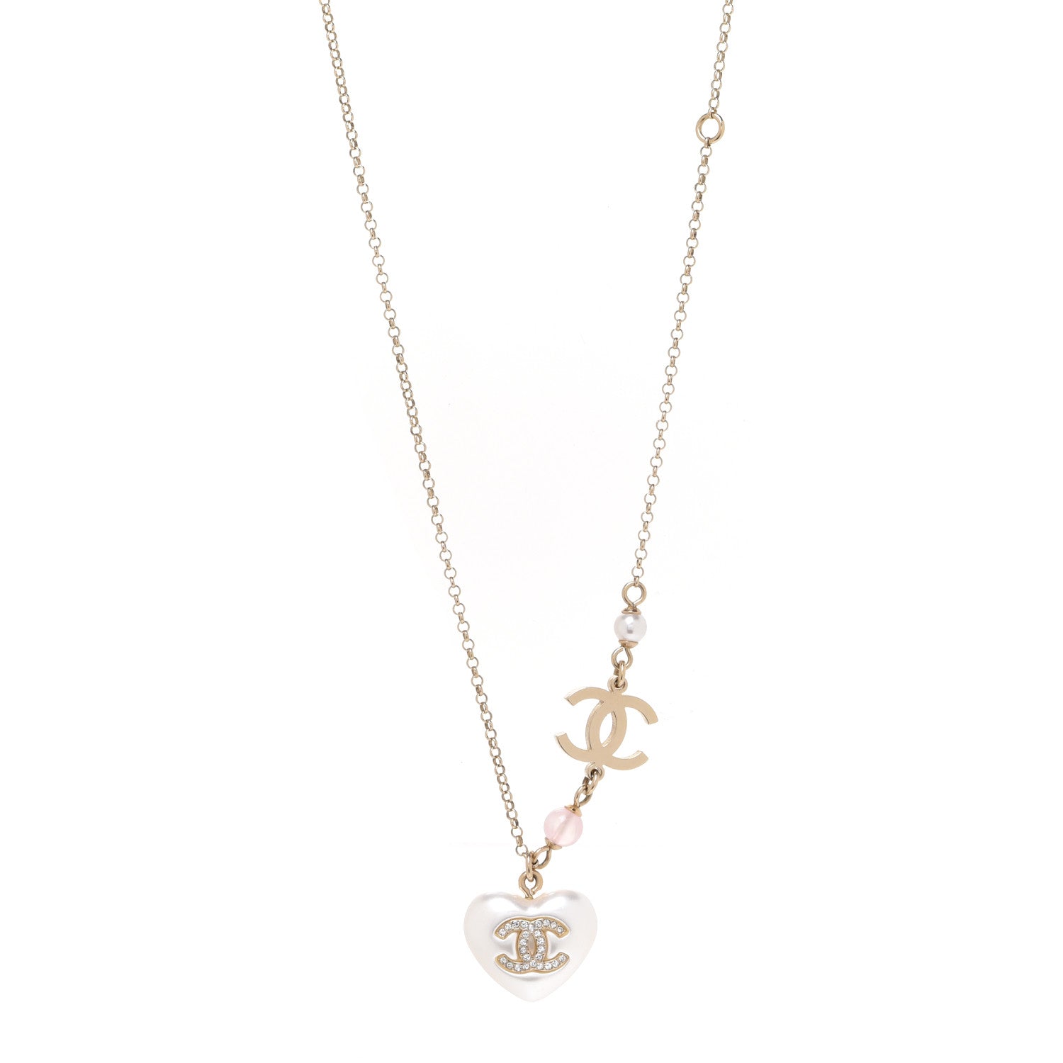 Chanel Resin Crystal CC Heart Necklace Pearly White Gold 1 of 6