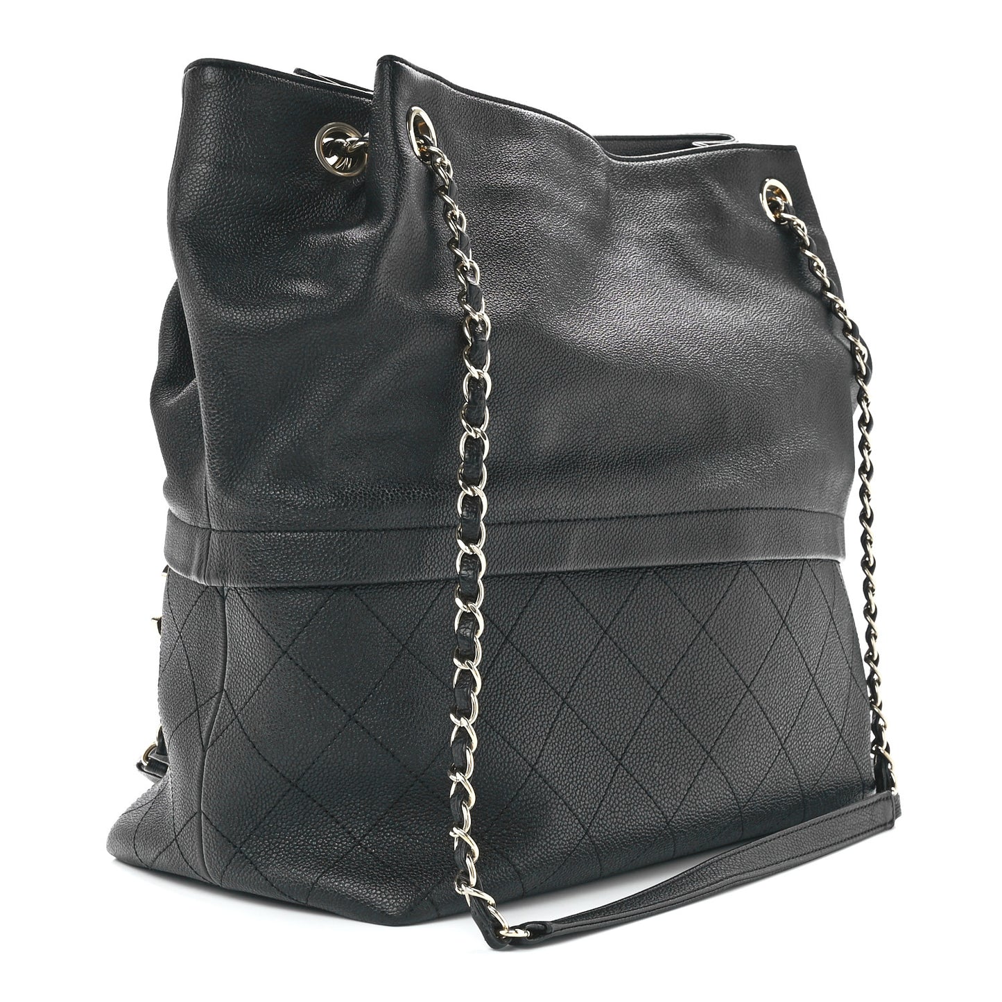 Crumpled Grained Calfskin Zip and Carry Shopping Tote Black