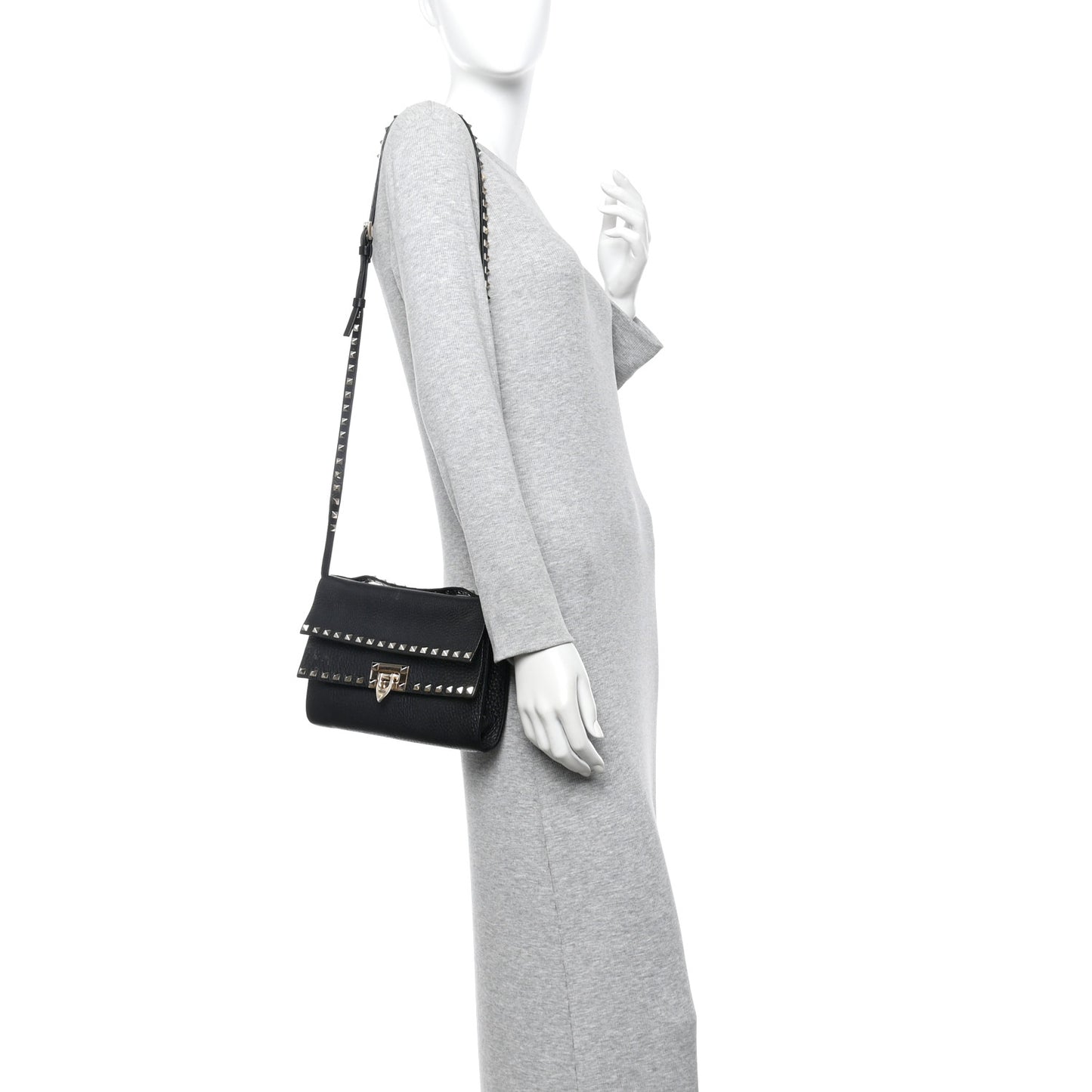 Grainy Calfskin Rockstud Double Flap Crossbody Bag Black