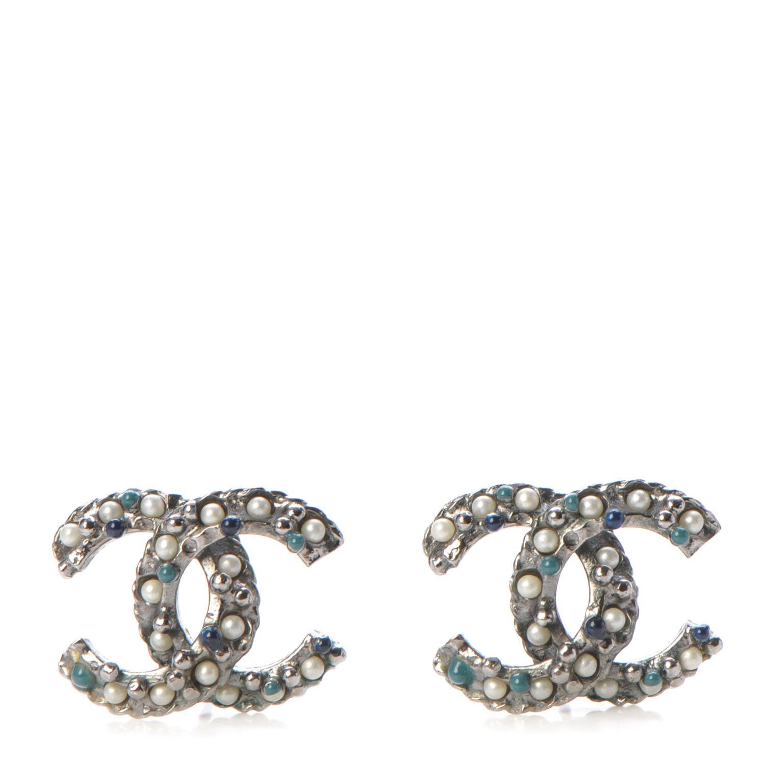Chanel Pearl Resin Bead CC Earrings Silver Blue 1 of 6