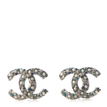 Chanel Pearl Resin Bead CC Earrings Silver Blue 1 of 6