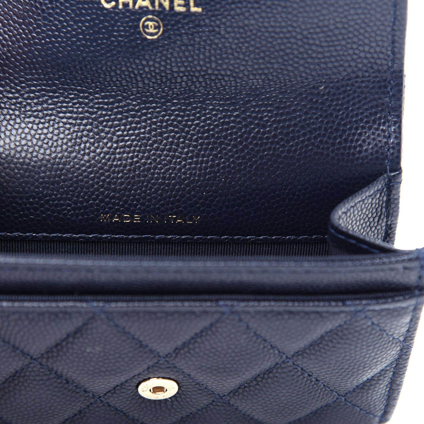 Caviar Quilted Flap Card Holder Wallet Navy Blue