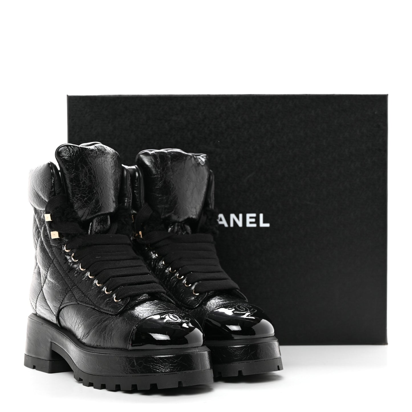 Crumpled Patent Lambskin Calfskin Quilted Lace Up Combat Boots 36.5 Black