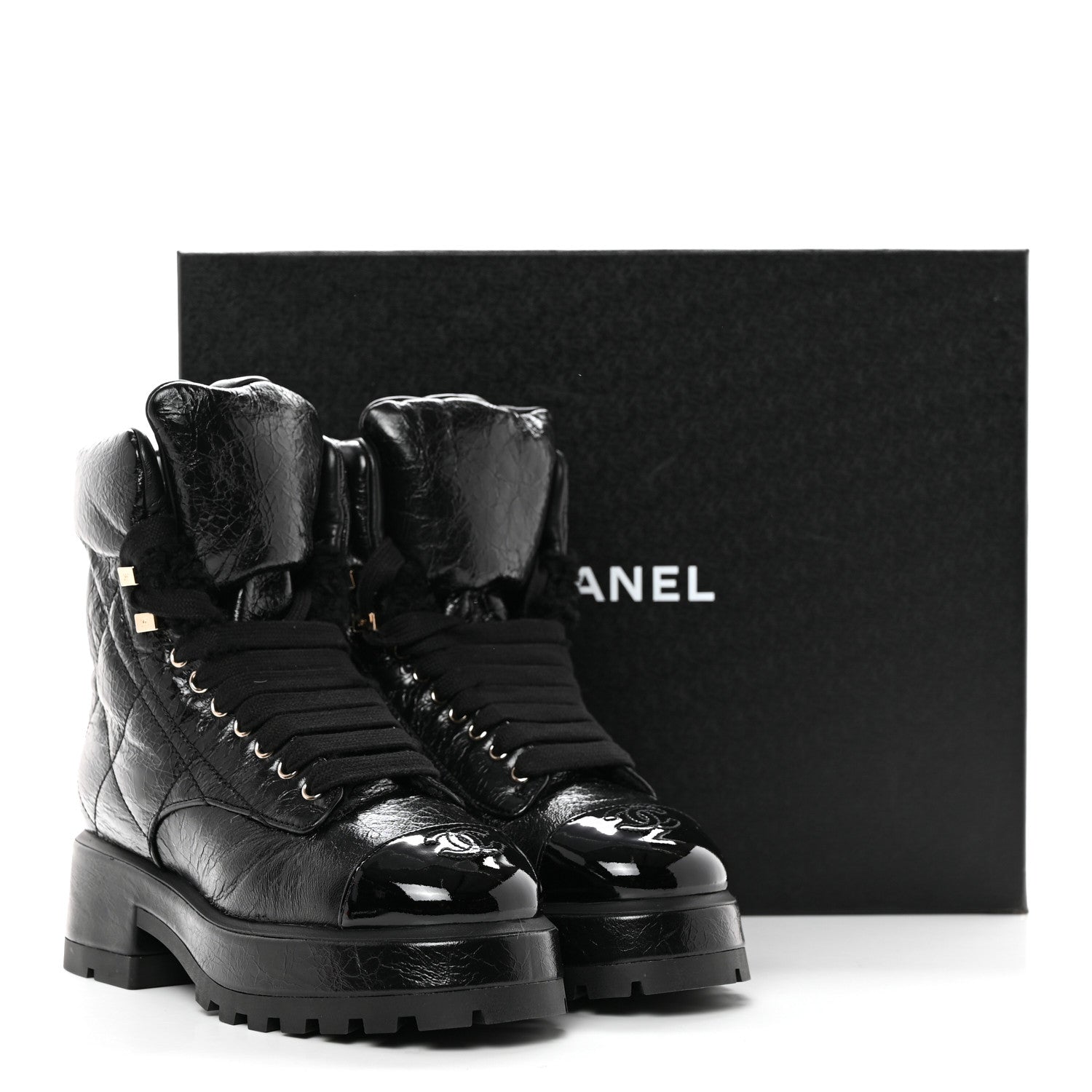 Chanel Crumpled Patent Lambskin Calfskin Quilted Lace Up Combat Boots 36.5 Black 10 of 10
