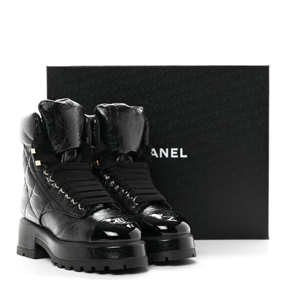 Chanel Crumpled Patent Lambskin Calfskin Quilted Lace Up Combat Boots 36.5 Black 10 of 10