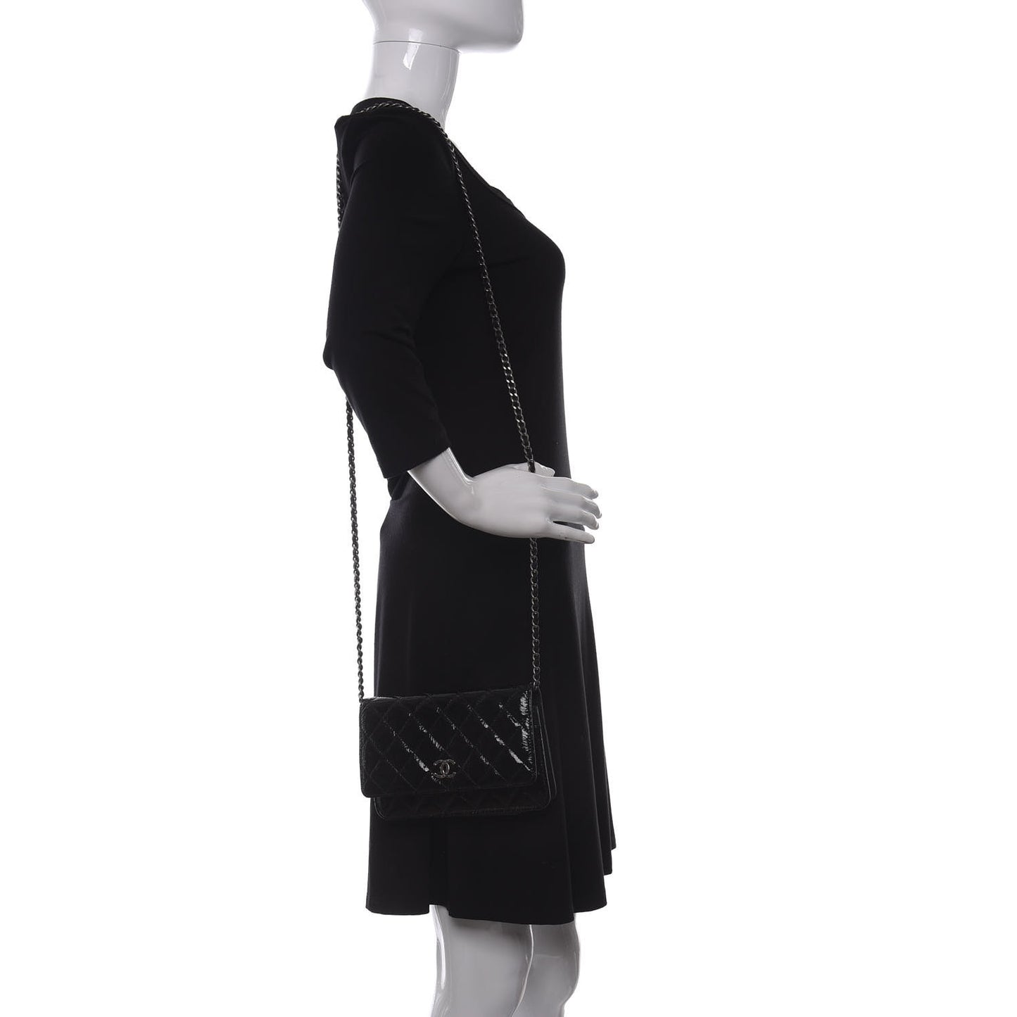 Patent Quilted Brilliant Wallet On Chain WOC Black