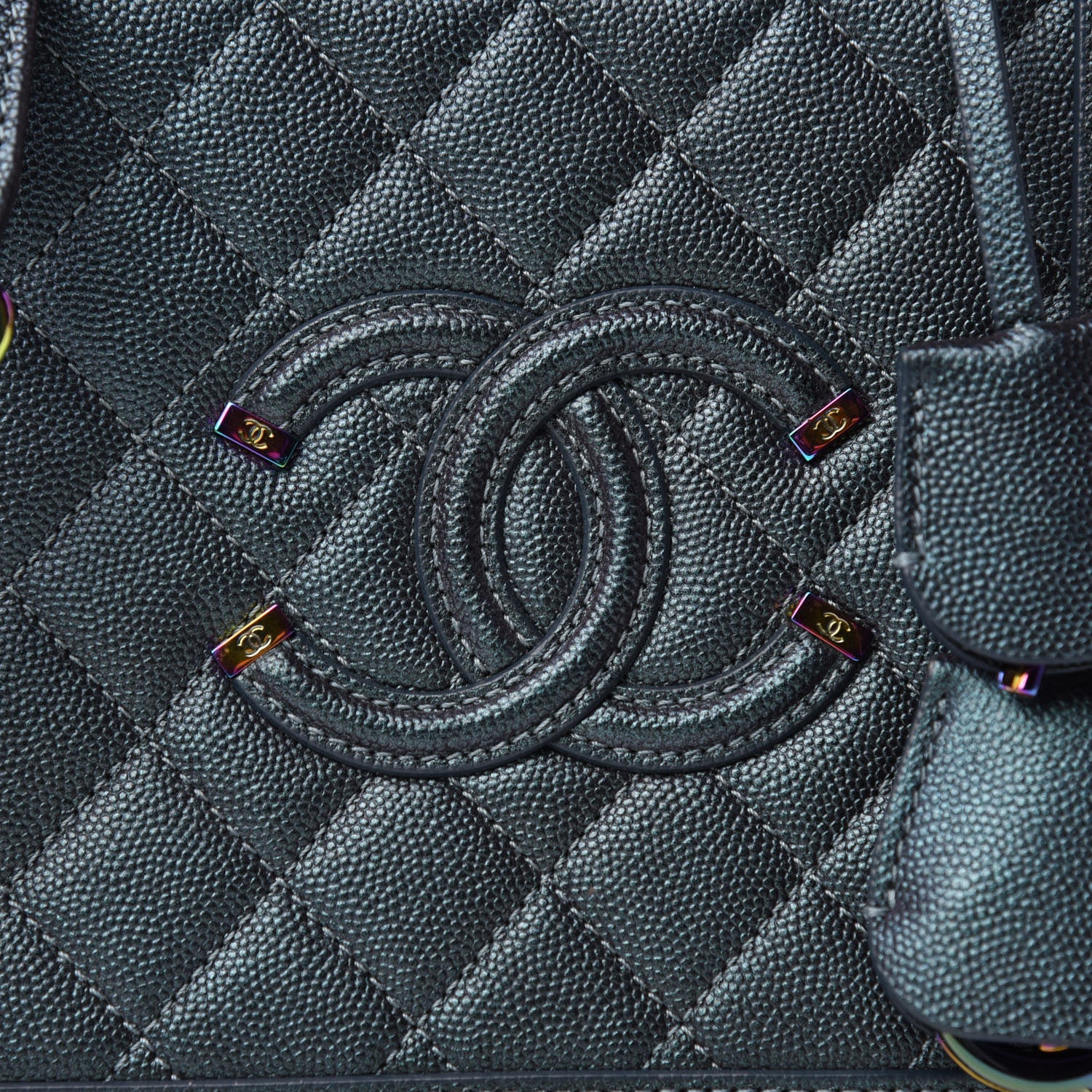 Chanel Iridescent Caviar Quilted Medium CC Filigree Vanity Case Dark Turquoise 10 of 10
