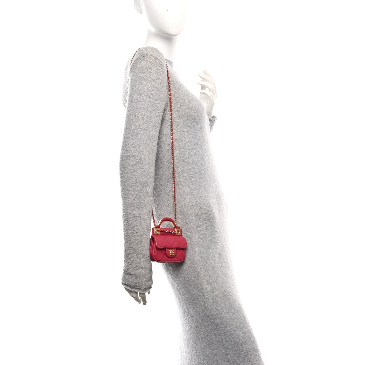 Chanel Calfskin Quilted Lady Handle Flap Card Holder With Chain Dark Pink 2 of 13