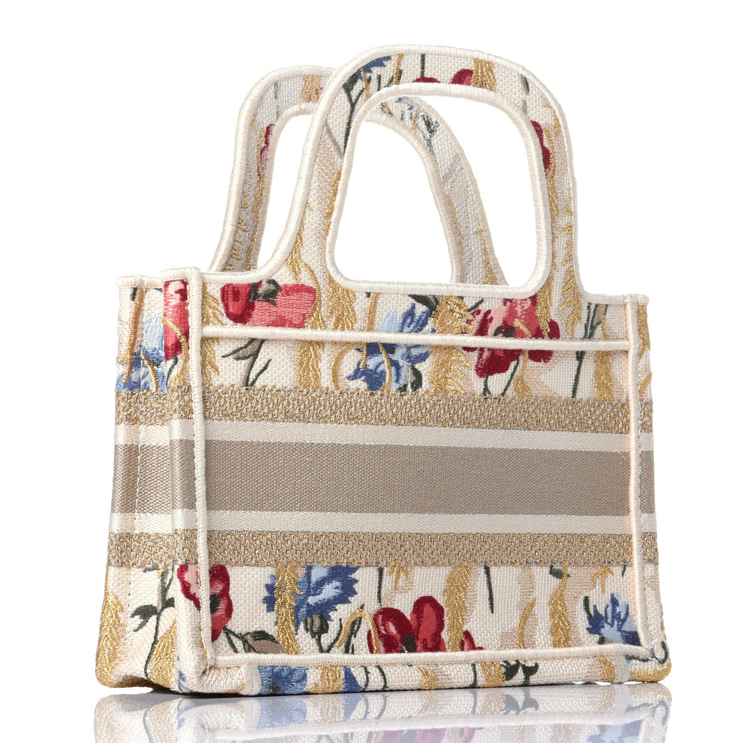 Canvas Embroidered Hibiscus Printed Mini Book Tote Beige Multicolor