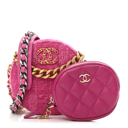 Chanel Wool Tweed Lambskin Quilted Chanel 19 Round Clutch With Chain and Coin Purse Fuchsia 1 of 11