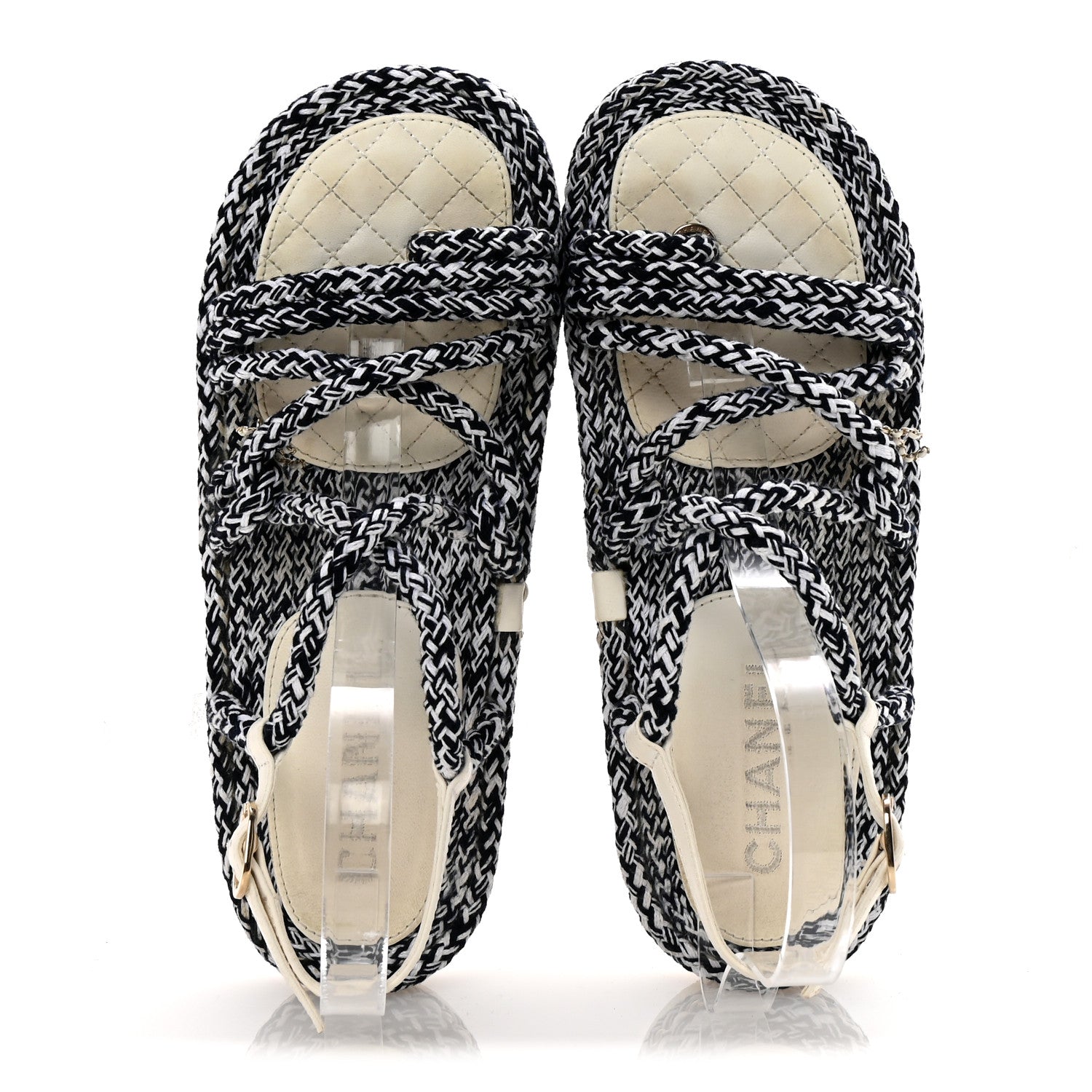 Chanel Cord Lambskin Quilted Logo Sandals 39 Navy Blue White 2 of 10