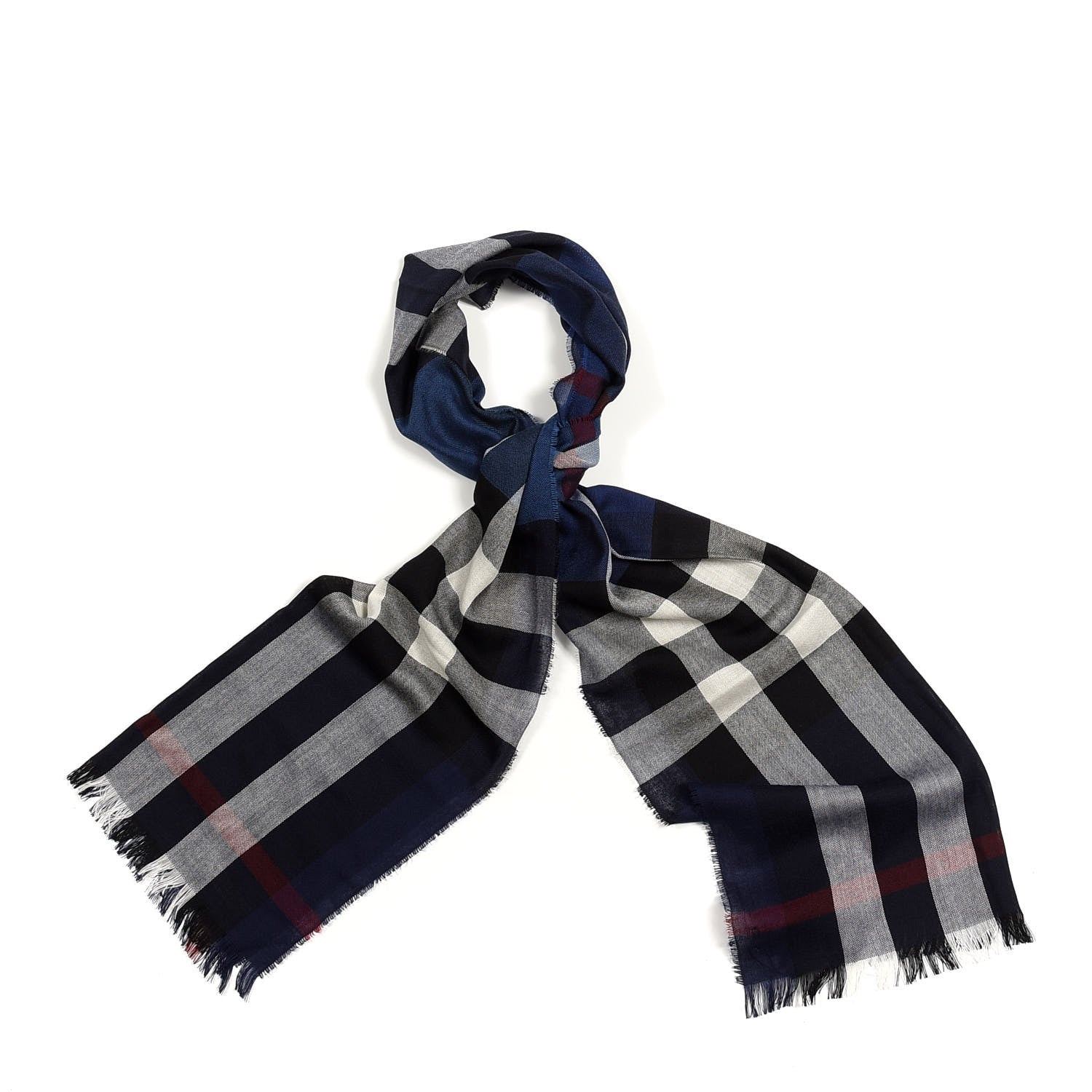 Burberry Wool Cashmere Check Lightweight Scarf Navy 1 of 4