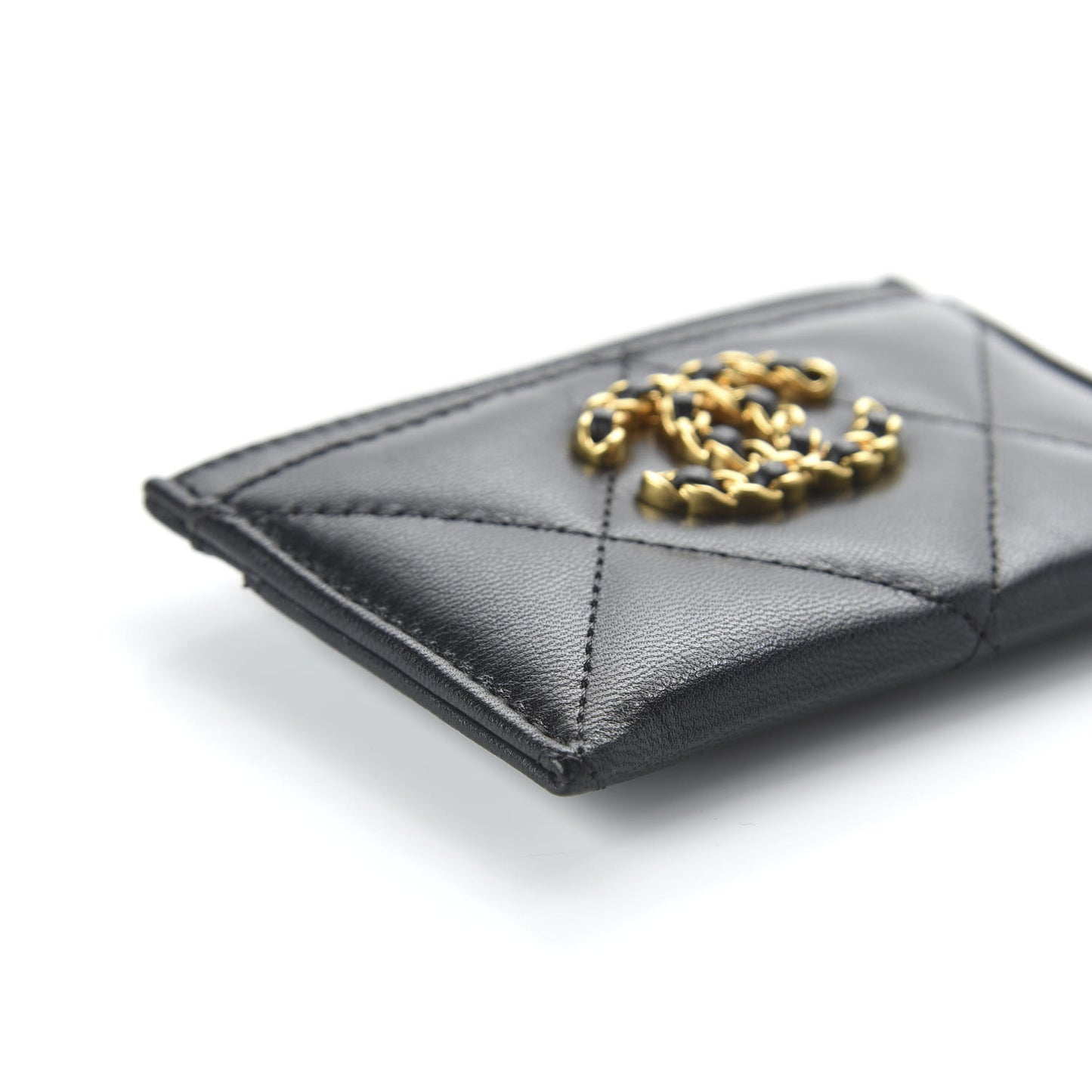 Shiny Goatskin Quilted Chanel 19 Card Holder Black