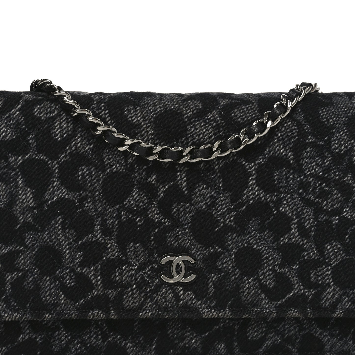 Printed Denim Quilted Flower Wallet On Chain WOC Black