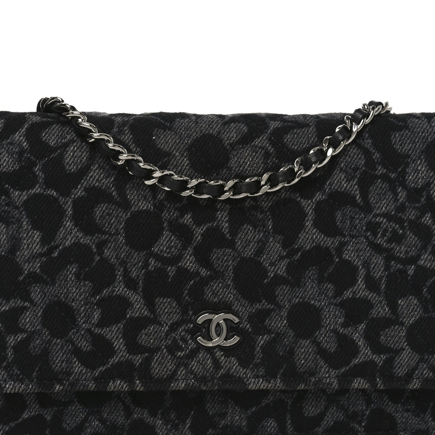 Chanel Printed Denim Quilted Flower Wallet On Chain WOC Black 9 of 12