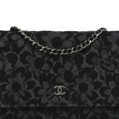 Chanel Printed Denim Quilted Flower Wallet On Chain WOC Black 9 of 12