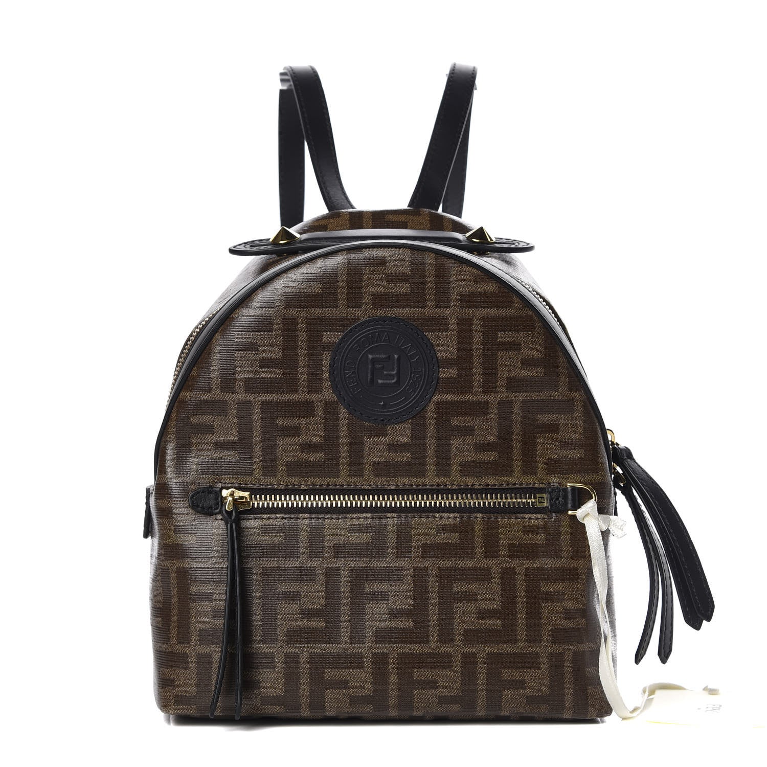 Fendi Glazed Fabric Vitello Century FF 1974 Stamp Patch Mini Backpack Mogano Panna Black 1 of 9