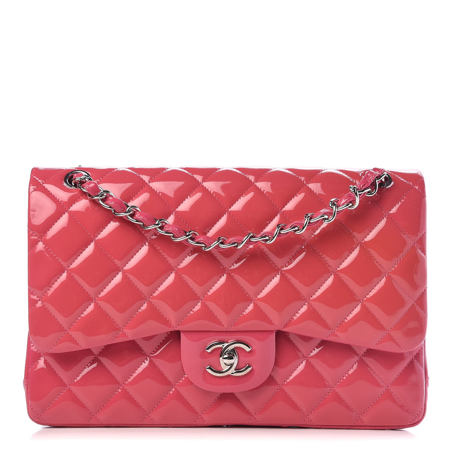 Patent Calfskin Quilted Jumbo Double Flap Fuchsia