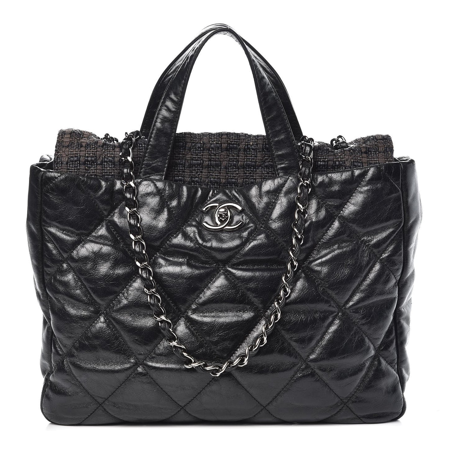 Glazed Calfskin Quilted Tweed Portobello Tote Black