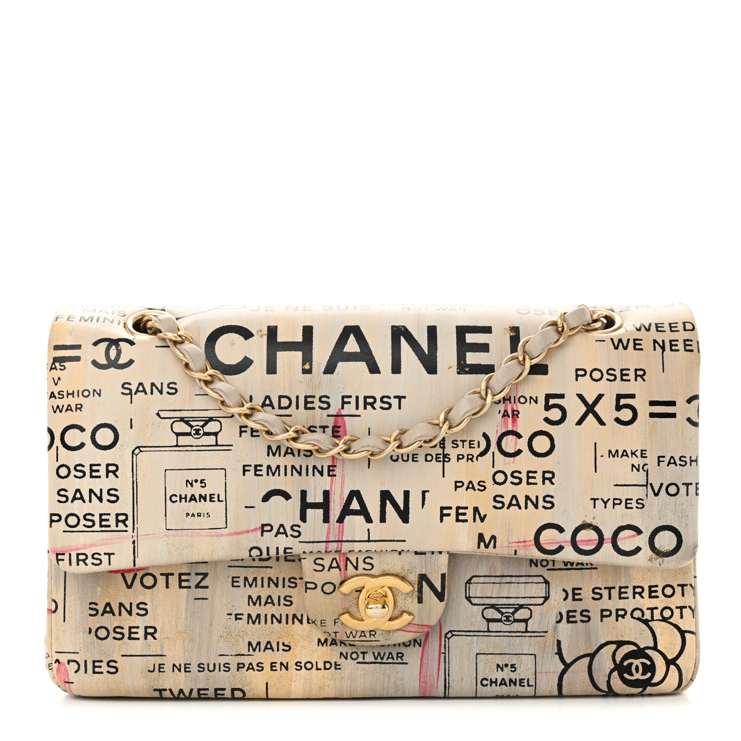 Lambskin Painted Feministe Newsprint Medium Double Flap Ecru Black