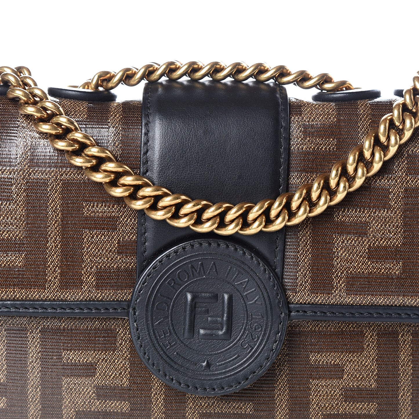 Glazed Fabric Vitello Century FF 1974 Stamp Patch Mini Double F Crossbody Bag Mogano Panna Black
