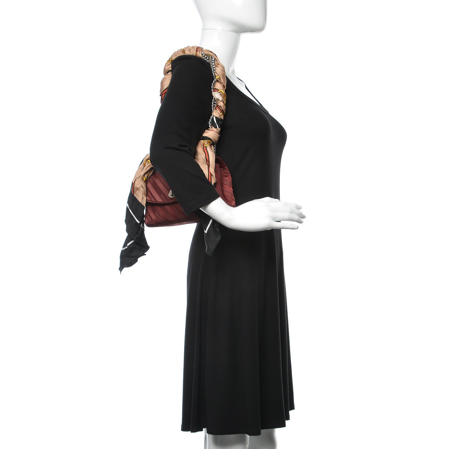 Balenciaga Nylon Jacquard Diagonal Logo Small Scarf Lock Chain Shoulder Bag Rouge Bordeaux Black Beige 2 of 8