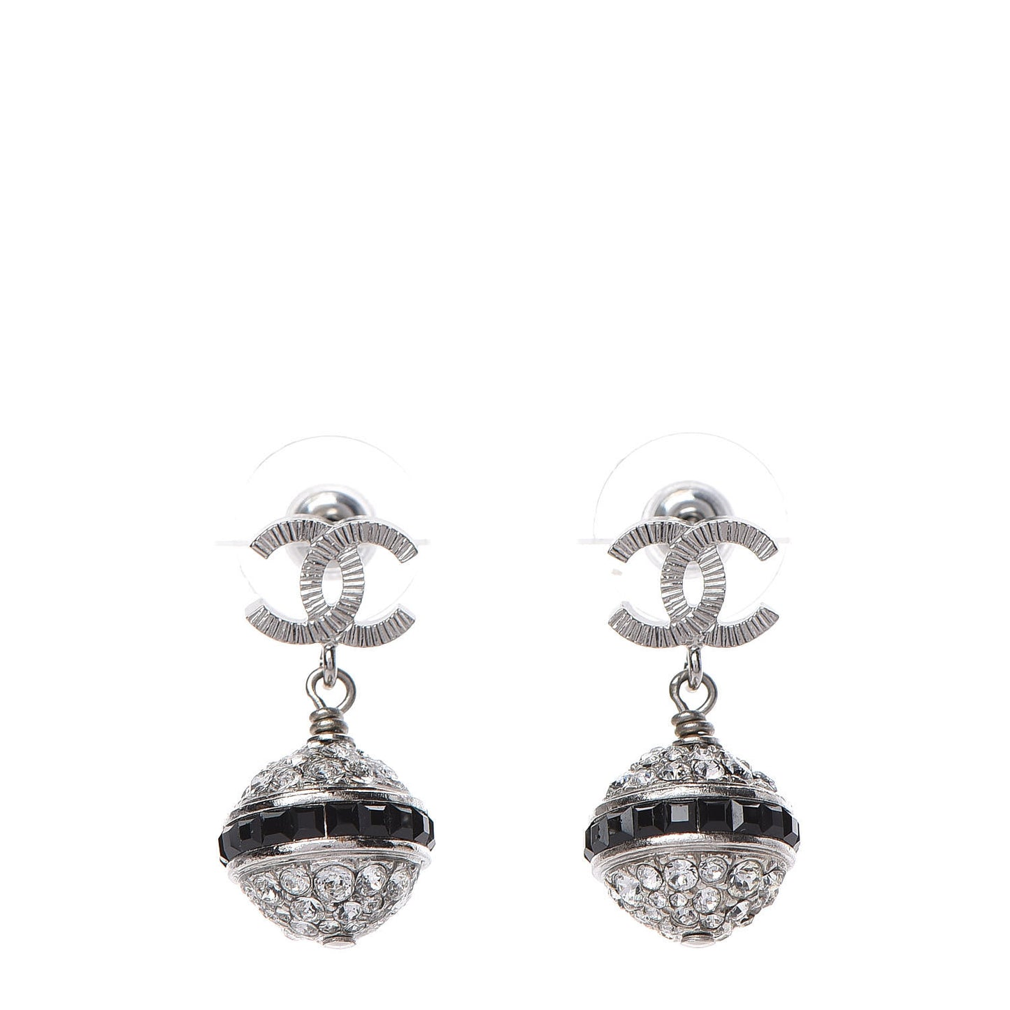 Crystal CC Drop Earrings Black Silver
