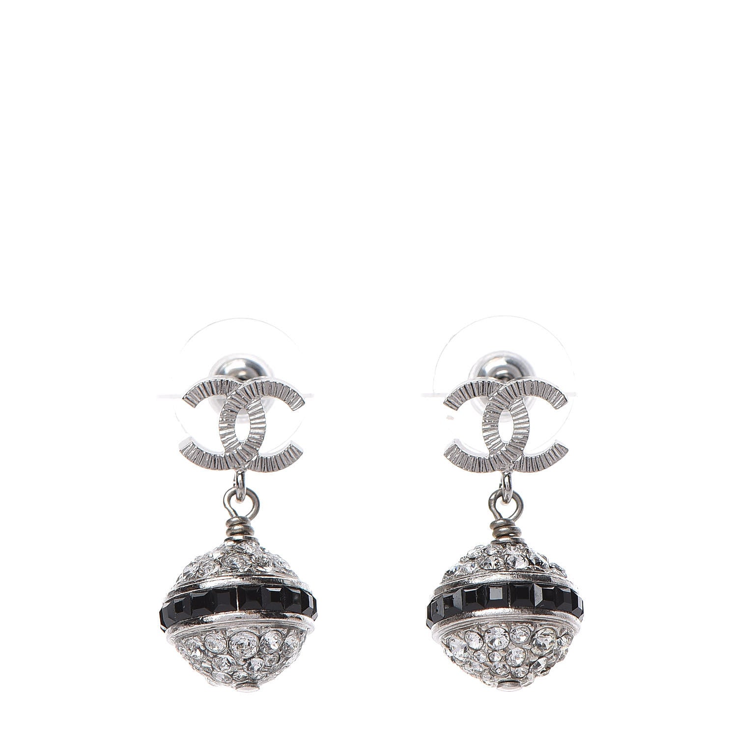 Chanel Crystal CC Drop Earrings Black Silver 1 of 5