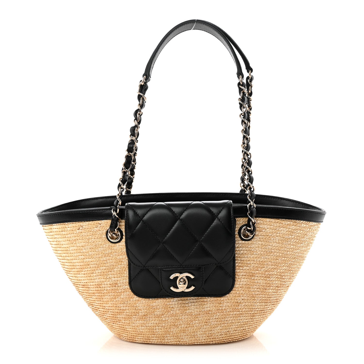 Chanel Raffia Braided Lambskin Small Shopping Tote Beige Black 1 of 12
