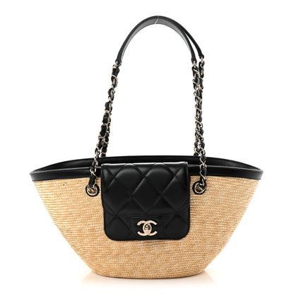 Chanel Raffia Braided Lambskin Small Shopping Tote Beige Black 1 of 12