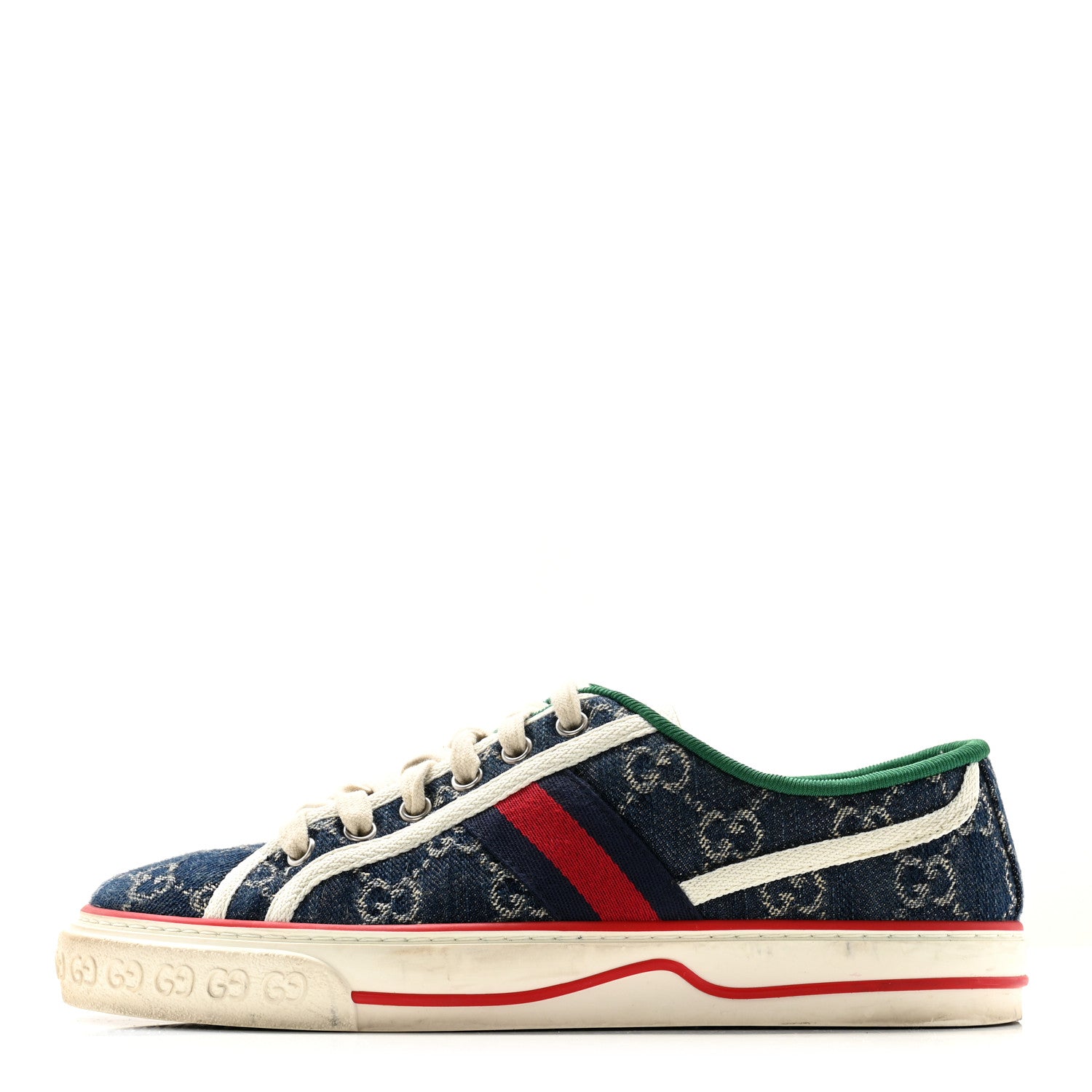 Gucci New Denim GG Monogram Web Womens 1977 Tennis Sneakers 37.5 Blue Tea Mystic White 1 of 8