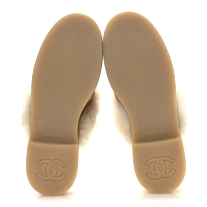 Chanel Suede Shearling CC Cap Toe Mules 39 Beige Black 7 of 10