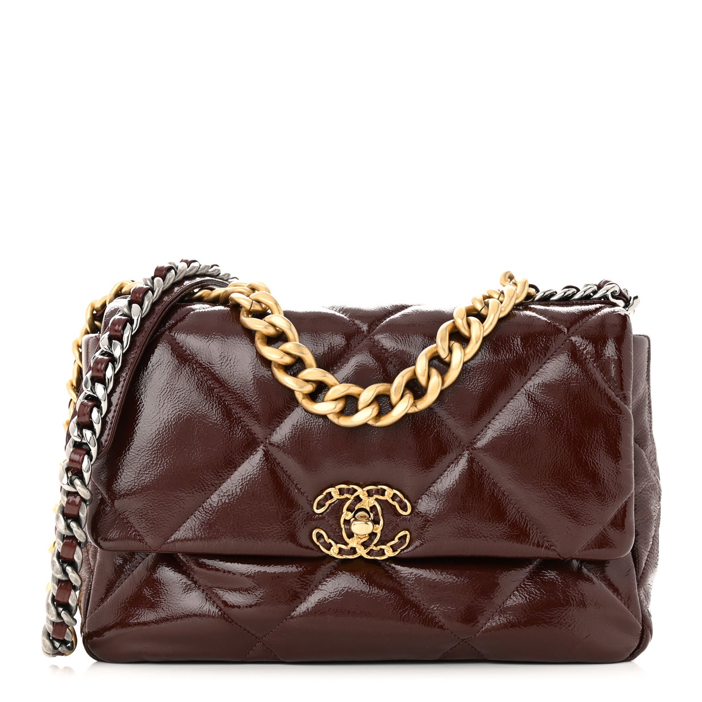 Shiny Crumpled Calfskin Quilted Large Chanel 19 Flap Burgundy