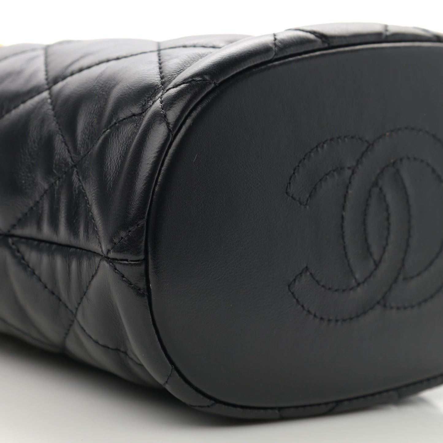 Lambskin Enamel Quilted Pending CC Bucket Drawstring Bag Black