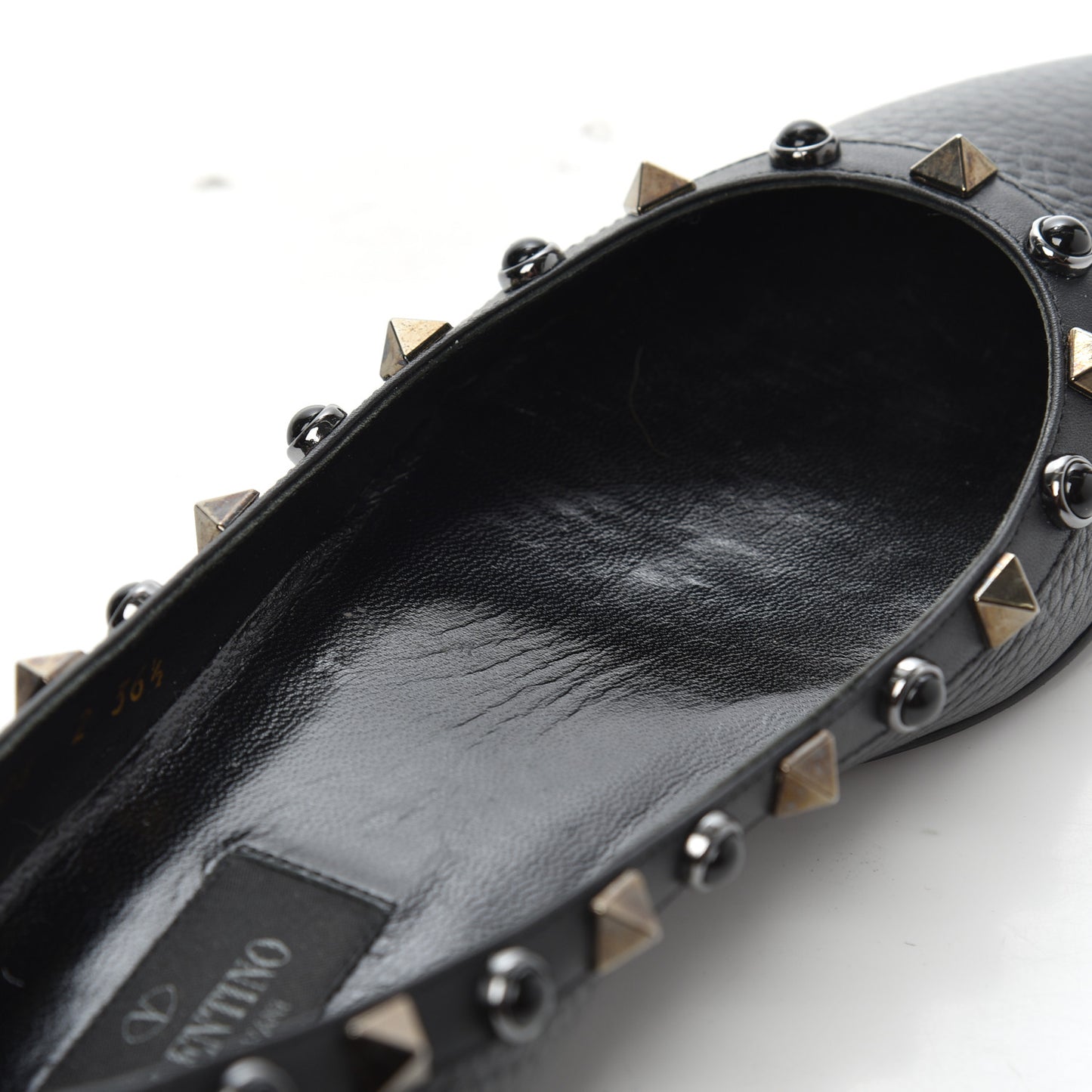 Pebbled Calfskin Onyx Rockstud Rolling Ballerina Flats 36.5 Black