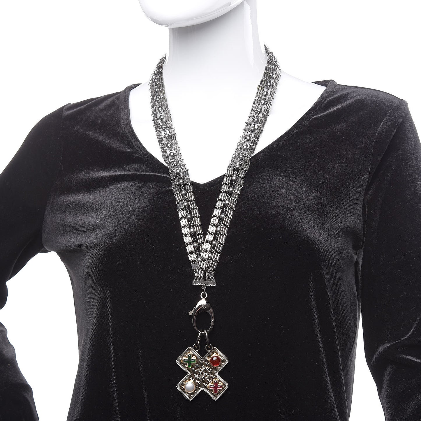 Ruthenium Resin Pearl CC Cross Long Pendant Necklace Multicolor