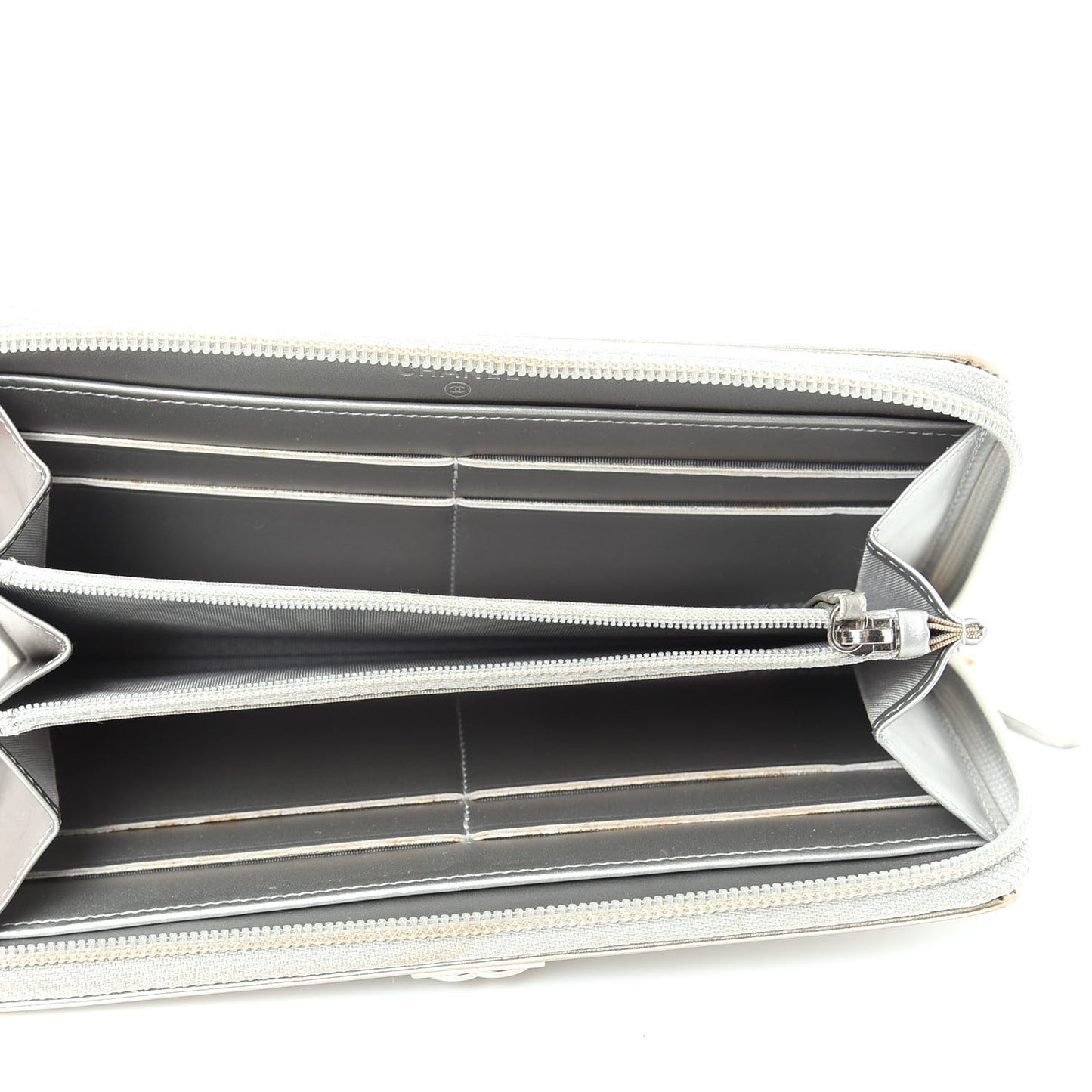 Metallic Calfskin Quilted Boy Zip Around Wallet Silver