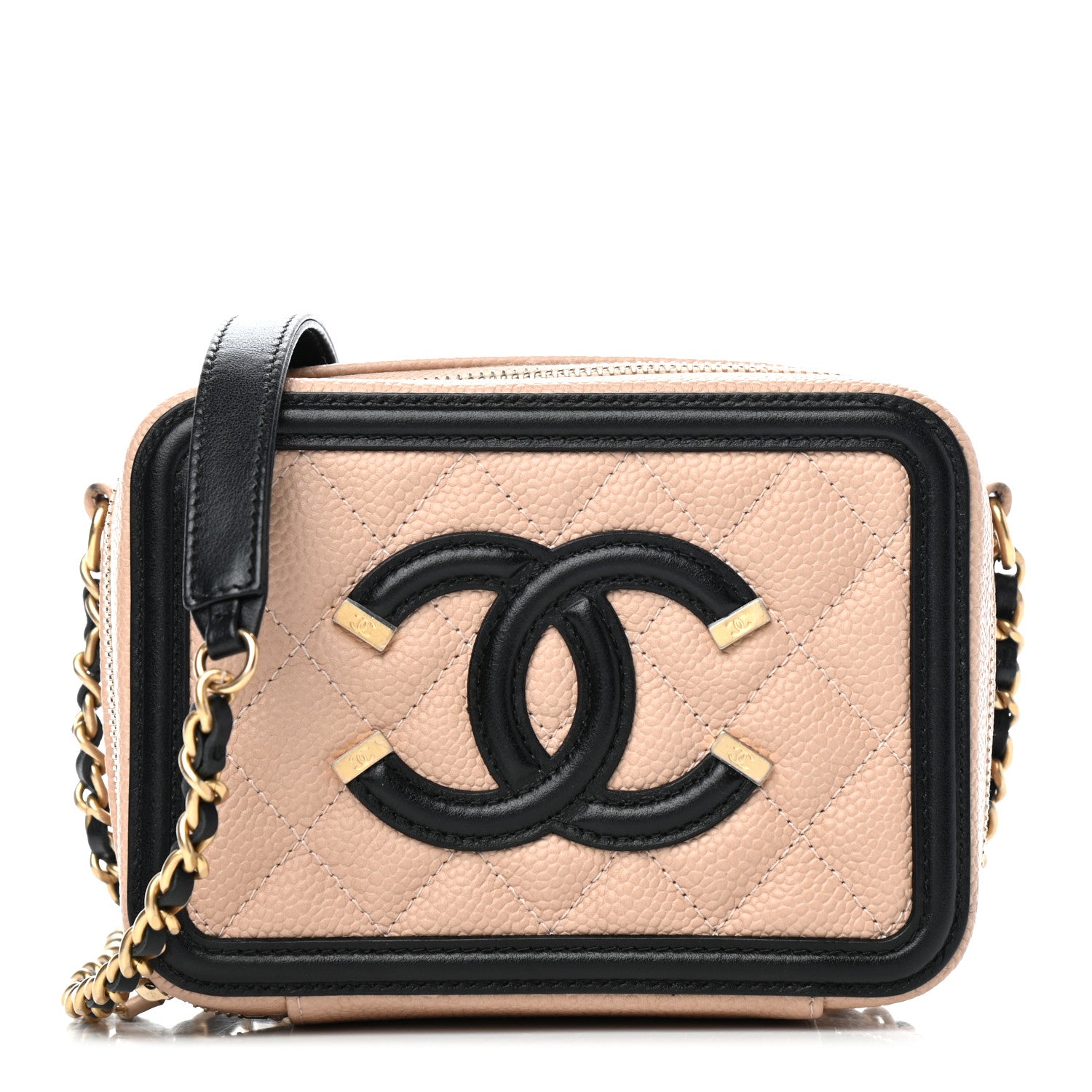 Chanel Caviar Quilted CC Filigree Vanity Clutch With Chain Beige Black 1 of 6