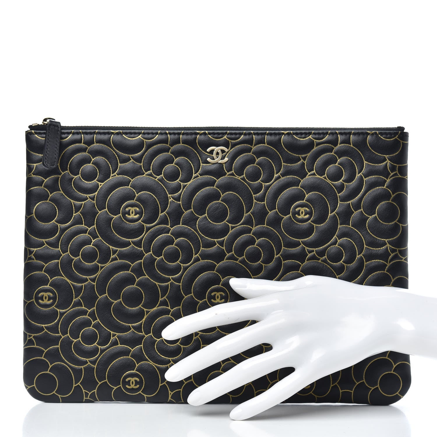 Chanel Lambskin Camellia Embossed Medium Cosmetic Case Black Gold 2 of 7